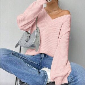 SHEIN Light Pink V-Neck Chunky Knit Sweater